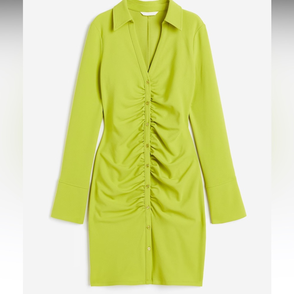 HM New Green Button Front Draped Dress XL Chic Collared Shirt Dress Cocktail